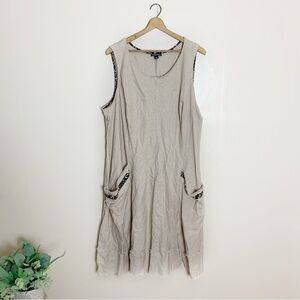 [Roz & Ali] Beige Raw Frayed Hem Linen Blend Sleeveless Trapeze Dress